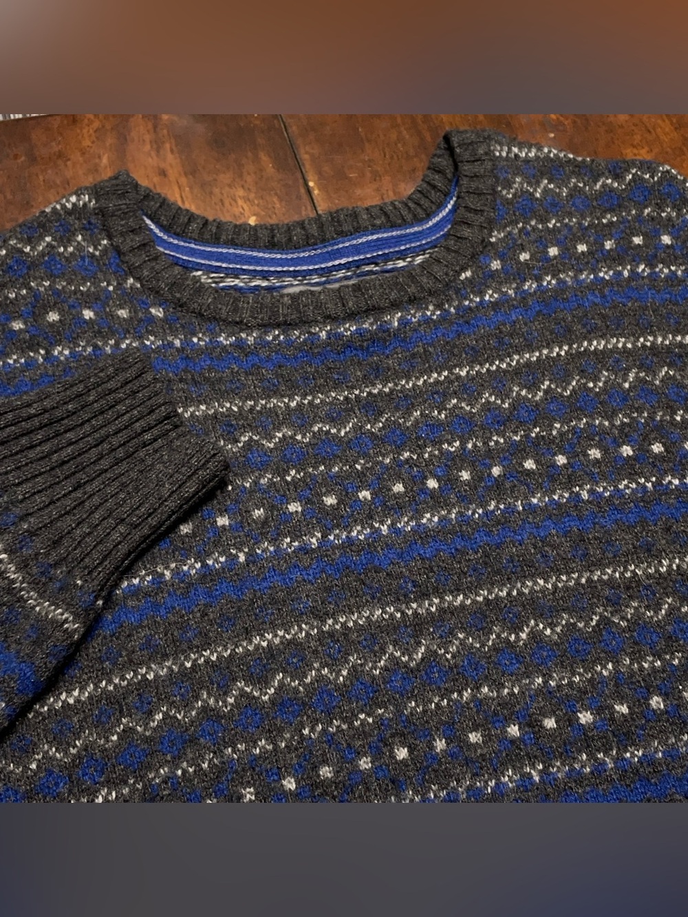 Eddie Bauer Mens 2XL Sweater Fair Isle Wool Blend Gray Blue